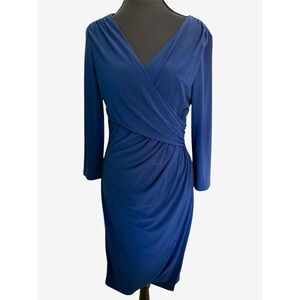 Lauren Ralph Lauren Faux Wrap Dress Sz 8 Navy Floral Stretch Jersey Knit Ruched